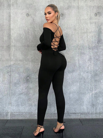 Women's Solid Color Off Shoulder Fitted Jumpsuits