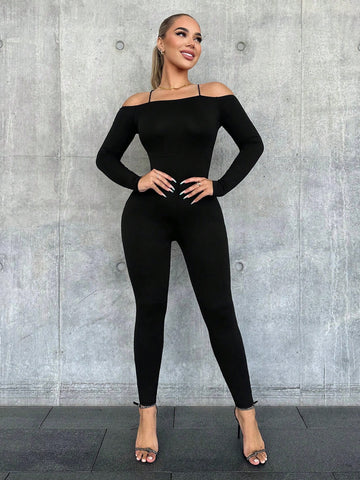 Women's Solid Color Off Shoulder Fitted Jumpsuits