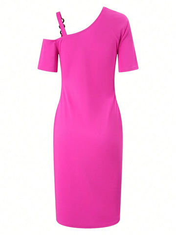 Women's Solid Color One Shoulder Chain Decoration Slit Maxi Dress