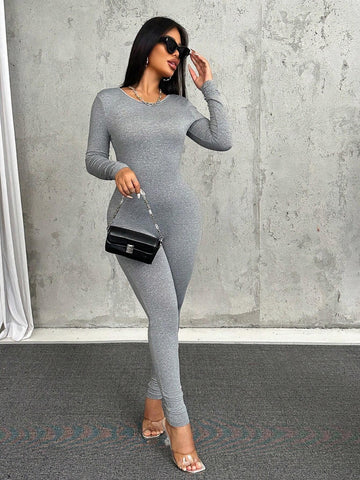 Women's Solid Color Round Neck Long Sleeve Casual Jumpsuit, Spring/Summer