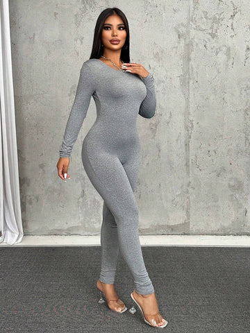 Women's Solid Color Round Neck Long Sleeve Casual Jumpsuit, Spring/Summer