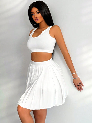 Women's Solid Color Sleeveless Round Neck Vest And Pleated Skirt, Sexy 2pcs Outfit For Summer