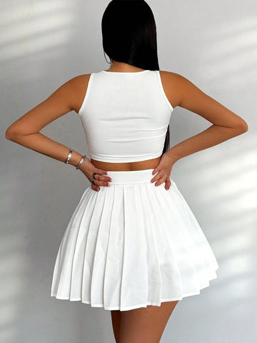 Women's Solid Color Sleeveless Round Neck Vest And Pleated Skirt, Sexy 2pcs Outfit For Summer