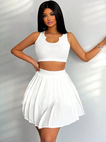 Women's Solid Color Sleeveless Round Neck Vest And Pleated Skirt, Sexy 2pcs Outfit For Summer