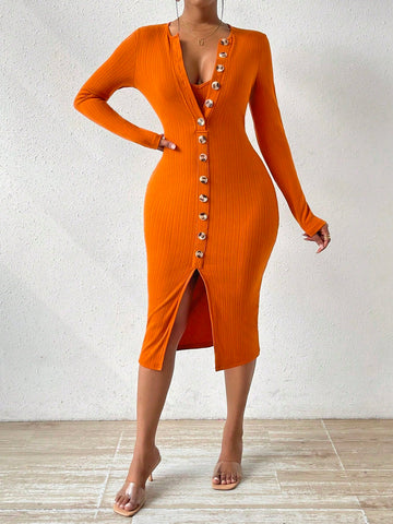 Women's Solid Color Sleeveless Vest And Button Front Slit Hem Dress Two Pieces Set