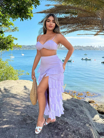 Women's Solid Color Ultra-Short Halter Top With Ruffle Trim And High Slit Skirt Two-Piece Set For Vacation