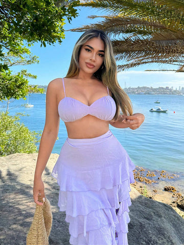 Women's Solid Color Ultra-Short Halter Top With Ruffle Trim And High Slit Skirt Two-Piece Set For Vacation