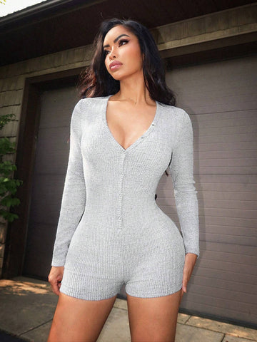 Women's Solid Color V-Neck Long Sleeve Casual Jumpsuit, Spring & Autumn