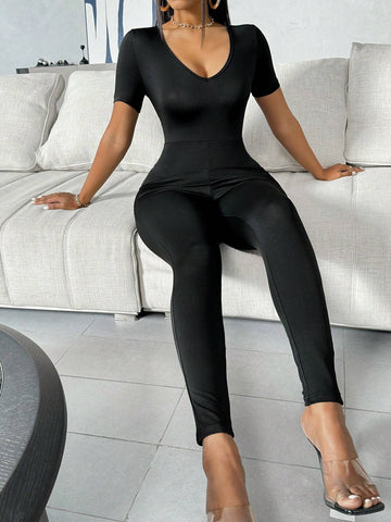Women's Solid Color V-Neck Short Sleeve Jumpsuit