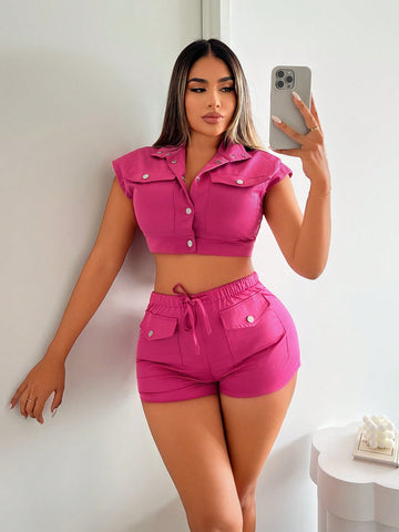Women's Solid Cropped Top And Shorts Cargo Two Piece Set
