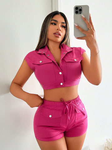 Women's Solid Cropped Top And Shorts Cargo Two Piece Set