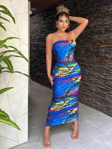 Women's Strapless Bodycon Sleeveless Dress With All-Over Print, Summer