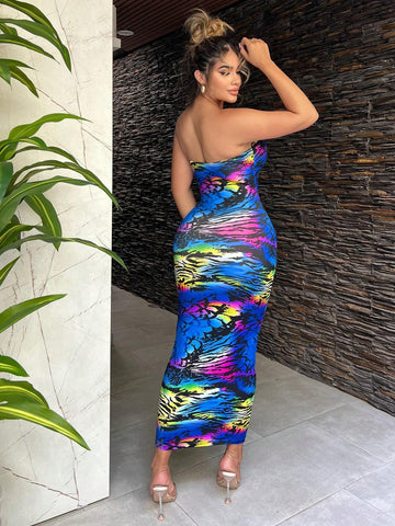 Women's Strapless Bodycon Sleeveless Dress With All-Over Print, Summer