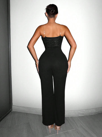 Women's Strapless Lace Splicing Wide-Leg Jumpsuit