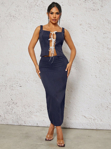 Women's Striped Tie Front Cutout Cami And Fish Tail Hem Skirt Sexy 2-Piece Set