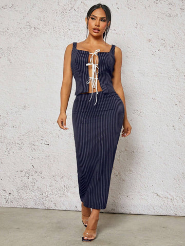 Women's Striped Tie Front Cutout Cami And Fish Tail Hem Skirt Sexy 2-Piece Set