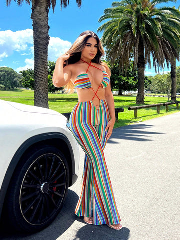 Women's Summer Boho Beach Vacation Clothing Colorful Crochet Flare Pants Long Jumpsuit With Halter Neck