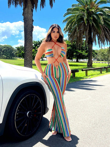 Women's Summer Boho Beach Vacation Clothing Colorful Crochet Flare Pants Long Jumpsuit With Halter Neck