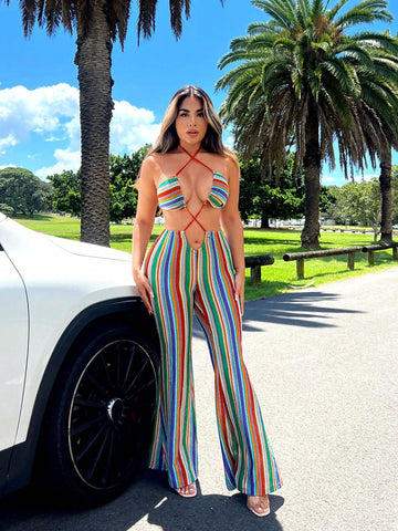 Women's Summer Boho Beach Vacation Clothing Colorful Crochet Flare Pants Long Jumpsuit With Halter Neck