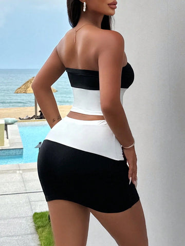 Women's Summer Color-Blocked Crop Halter Top And Bodycon Mini Skirt Sexy 2pcs Outfit