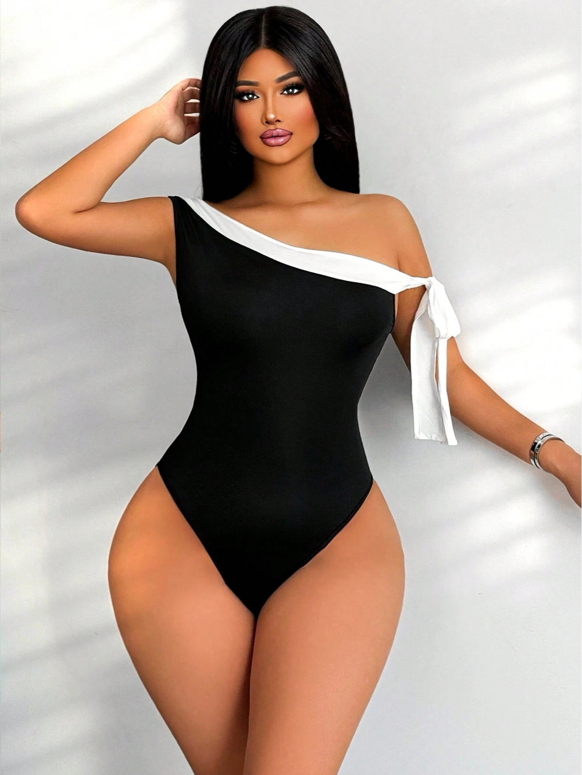 Women's Summer Color Block Asymmetric Collar Knotting Bodycon Bodysuit, Sexy