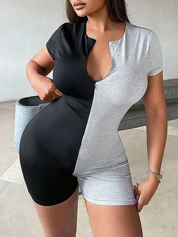 Women's Summer Color Block Front Zipper Bodycon Romper Shorts
