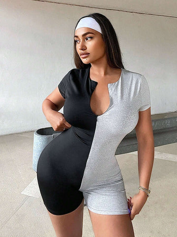Women's Summer Color Block Front Zipper Bodycon Romper Shorts