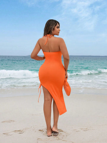 Women's Summer Holiday Solid Color Asymmetrical Hem Halterneck Dress