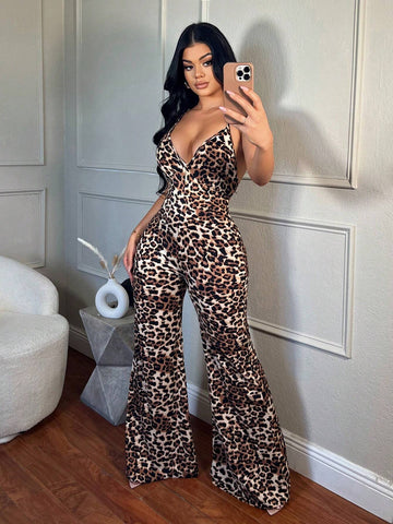 Women's Summer Leopard Print Flared Sexy Cami Jumpsuit