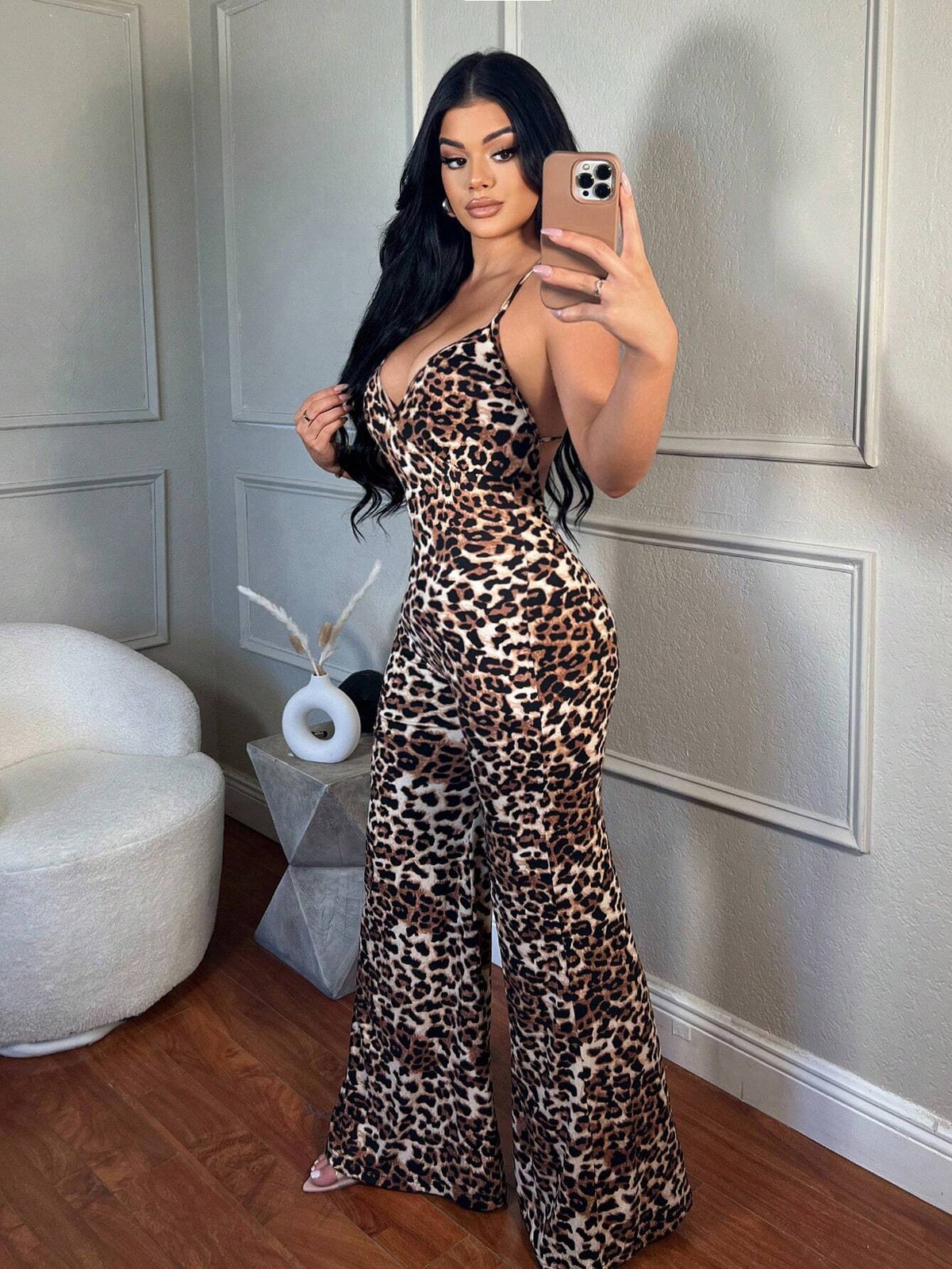 Women's Summer Leopard Print Flared Sexy Cami Jumpsuit