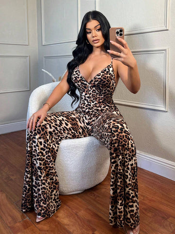 Women's Summer Leopard Print Flared Sexy Cami Jumpsuit