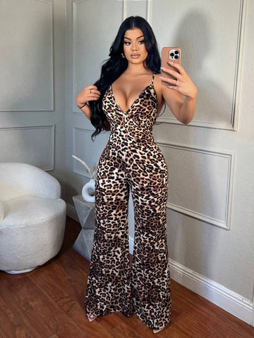 Women's Summer Leopard Print Flared Sexy Cami Jumpsuit