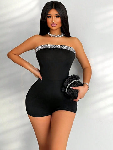 Women's Summer Leopard Print Splice Strapless Romper Shorts