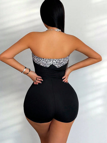 Women's Summer Leopard Print Splice Strapless Romper Shorts