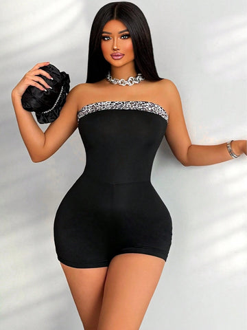 Women's Summer Leopard Print Splice Strapless Romper Shorts