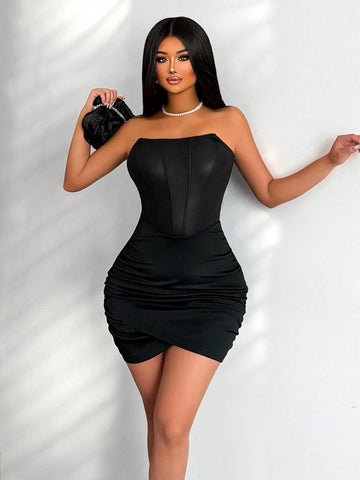 Women's Summer Plain Pleated Bandeau Bodycon Dress