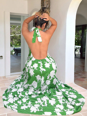 Women's Summer Plant Printed Long Backless Halterneck Dress Holiday Sexy Summer Beach Vacation Boho Women Outfit Pride Clothes Western Wear Birthday Outfit Bachelorette Party Concert Club