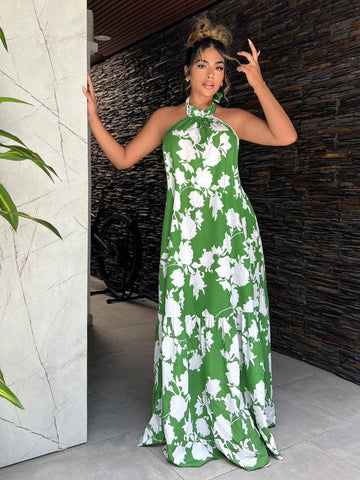 Women's Summer Plant Printed Long Backless Halterneck Dress Holiday Sexy Summer Beach Vacation Boho Women Outfit Pride Clothes Western Wear Birthday Outfit Bachelorette Party Concert Club