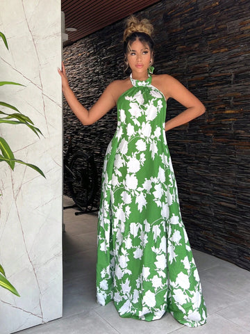 Women's Summer Plant Printed Long Backless Halterneck Dress Holiday Sexy Summer Beach Vacation Boho Women Outfit Pride Clothes Western Wear Birthday Outfit Bachelorette Party Concert Club