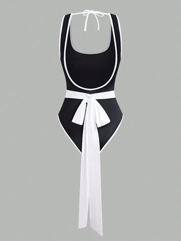 Women's Summer Sexy Colorblock Trimmed Backless Bodysuit With Tie-Up Straps