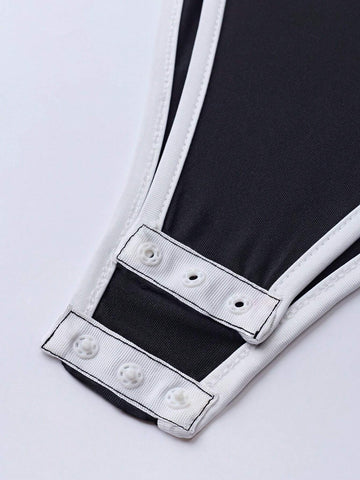 Women's Summer Sexy Colorblock Trimmed Backless Bodysuit With Tie-Up Straps