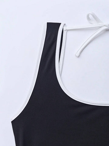 Women's Summer Sexy Colorblock Trimmed Backless Bodysuit With Tie-Up Straps