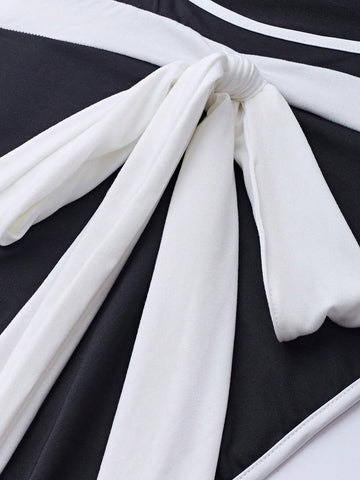 Women's Summer Sexy Colorblock Trimmed Backless Bodysuit With Tie-Up Straps