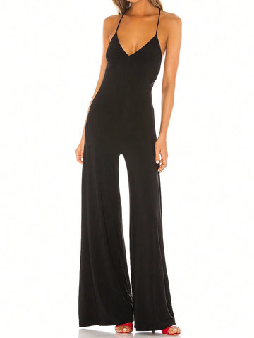 Women's Summer Sexy Solid Color Backless Halter One-Piece Jumpsuit