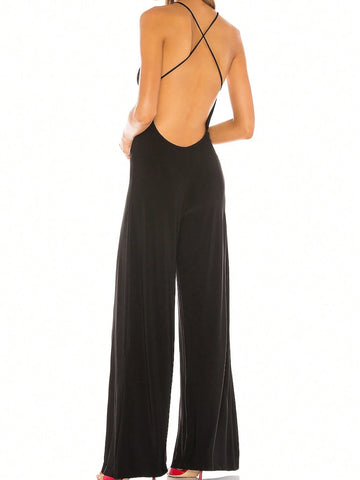 Women's Summer Sexy Solid Color Backless Halter One-Piece Jumpsuit