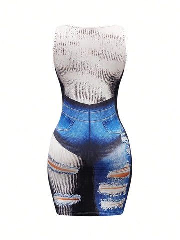 Women's Summer Slim Fit Denim Printed Square Neck Sleeveless Dress