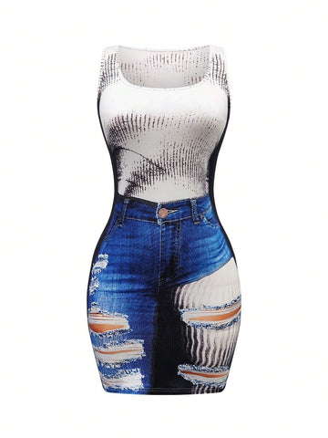 Women's Summer Slim Fit Denim Printed Square Neck Sleeveless Dress