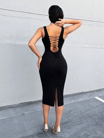 Women's Summer Solid Color Back Strap Slim Fit Sleeveless Elegant Dress