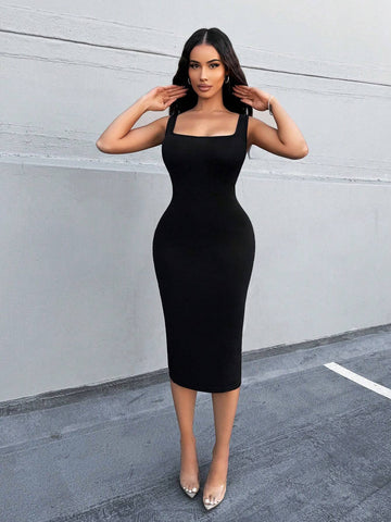 Women's Summer Solid Color Back Strap Slim Fit Sleeveless Elegant Dress