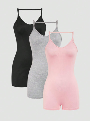 Women's Summer Solid Color Backless Tight Jumpsuit With Spaghetti Straps